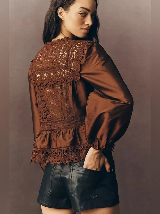 NWT By Anthropologie Long-Sleeve Eyelet Lace Blouse Brown - Picture 4 of 7